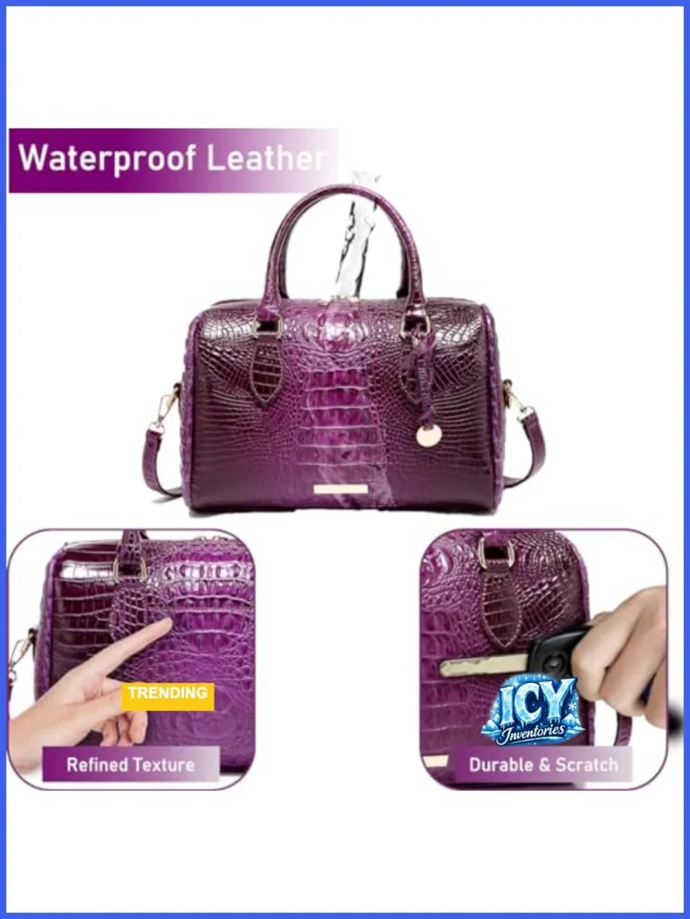 Vegan Leather Crocodile Embossed Satchel Purse with Top Handles, Adjustable